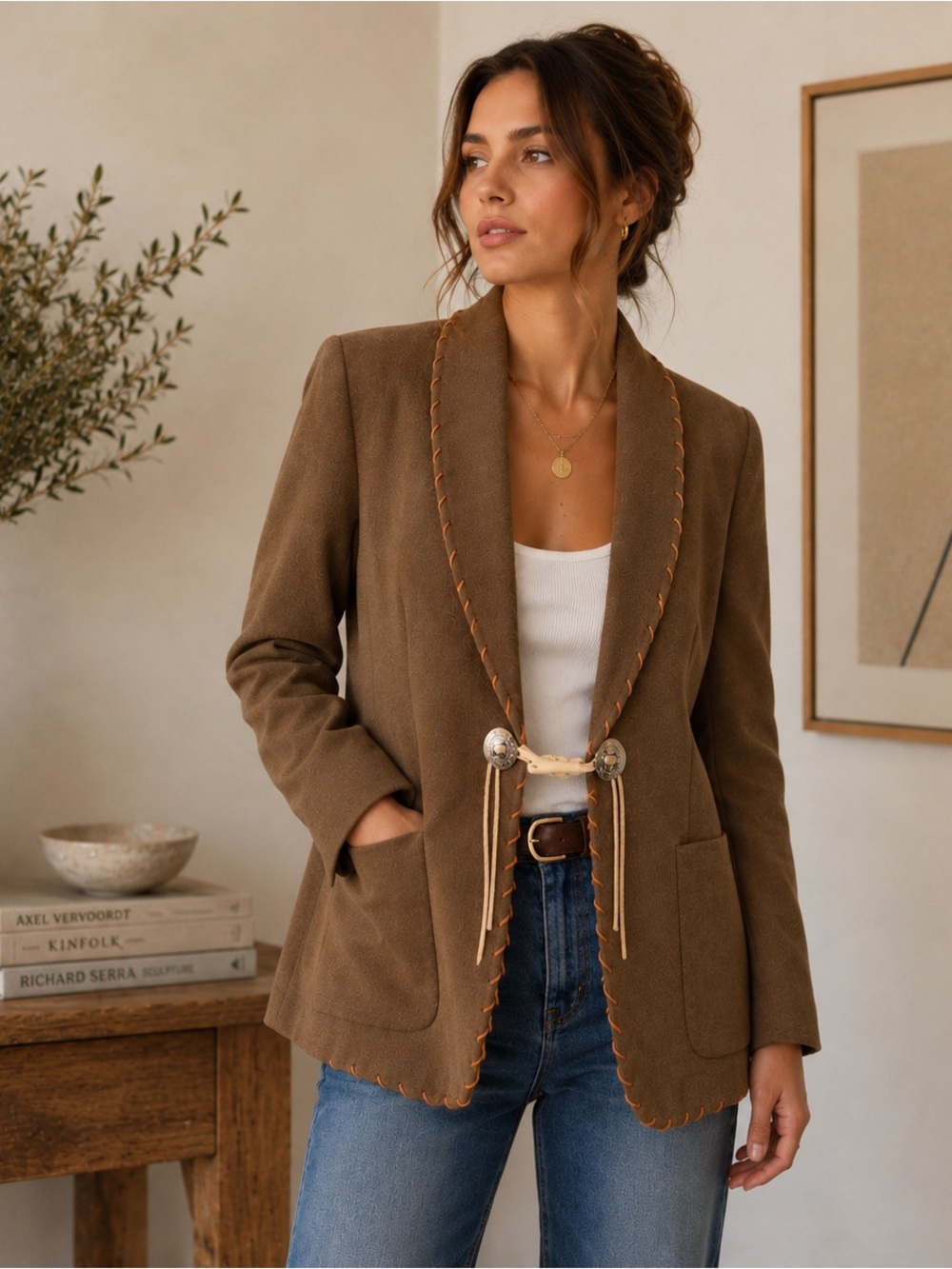 Vintage 90s Augustus Western Blazer Wool Cashmere Bolo Jacket Made in USA Size 6